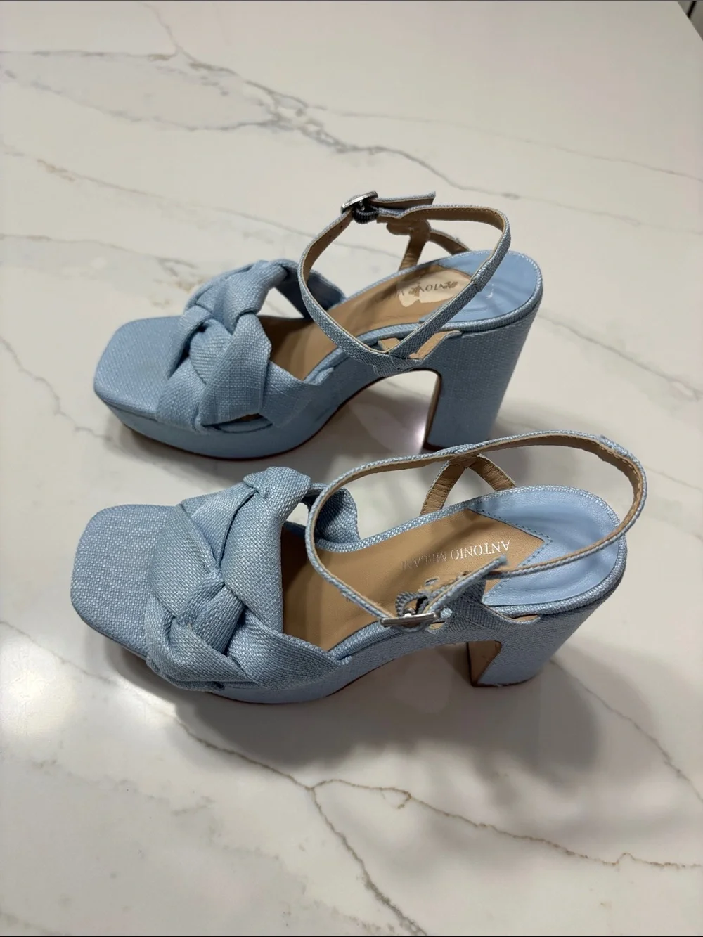 ANTONIO MELANI Light Blue Knotted Platform Block Heel Sandals